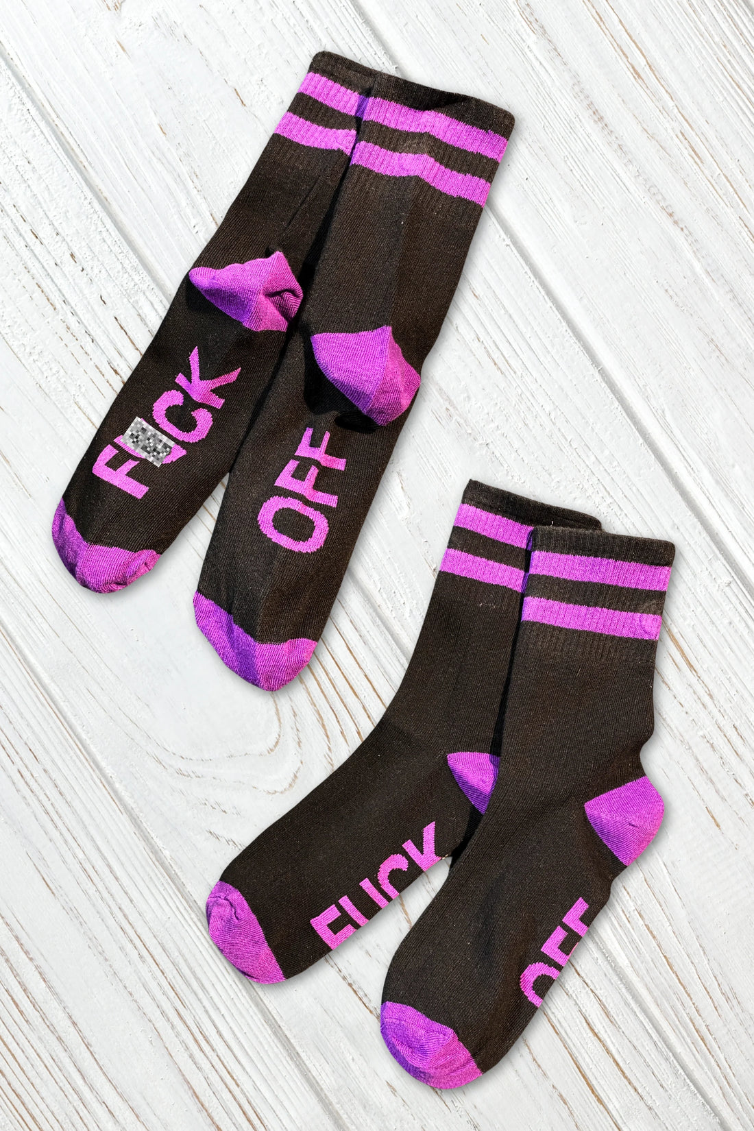 &quot;F*CK OFF&quot; Crew Socks. Black + Purple