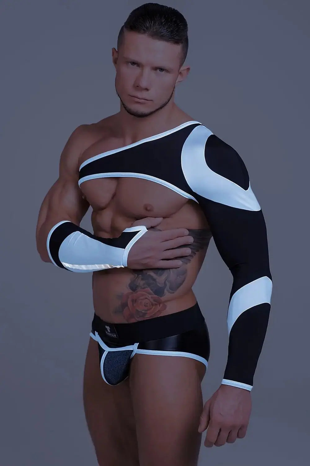 Maskulo Youngero Classic neon white asymmetric long-sleeved crop top with UV glow, party wear for bodybuilders and upper-class millenials