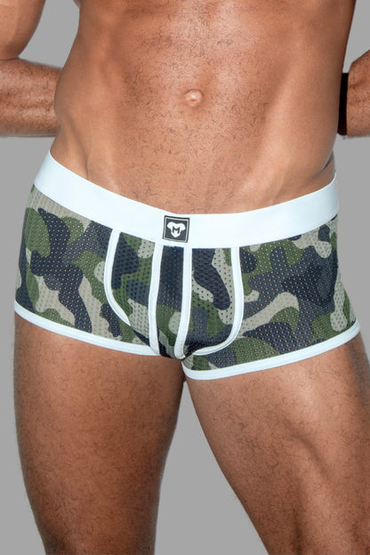 Jim Steelguard Mesh Trunks. Camouflage + White