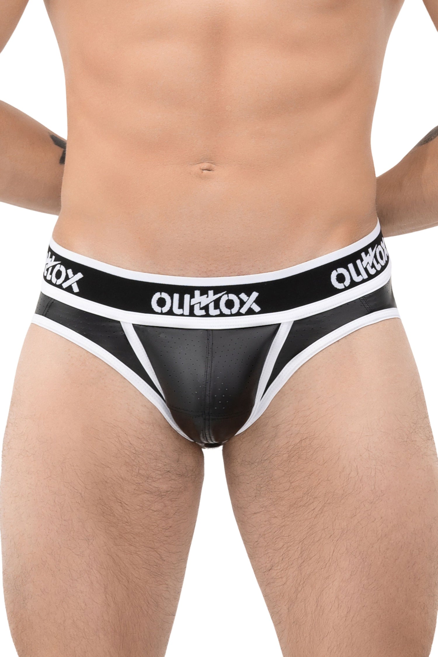 Outtox. Slip mit offenem Rücken und Druckknopf. Schwarz+Weiß