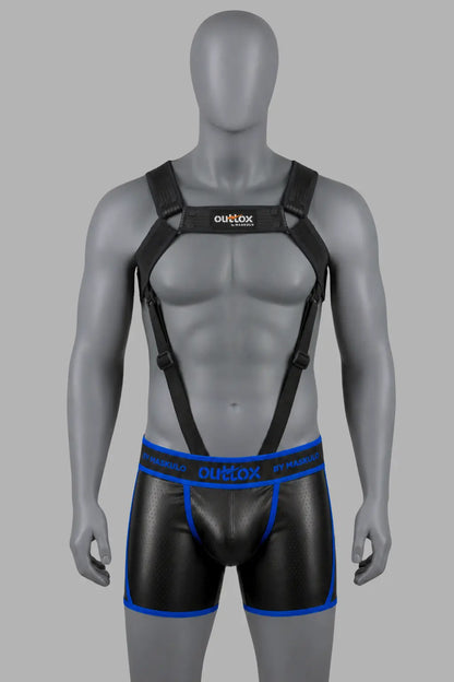 Outtox Body Harness in black - in Maskulo Global store. Features stretch PU leather straps, adjustable snap buttons, and visually slimming elastic front bands.