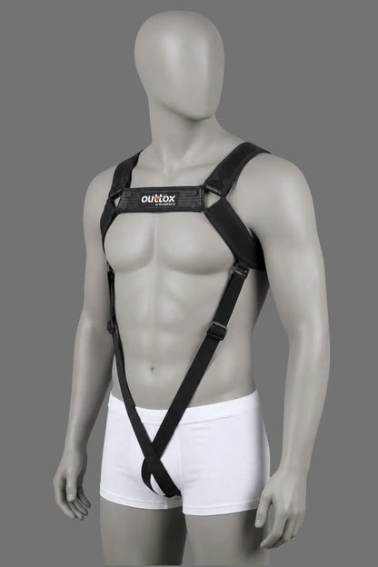 Outtox Harness XHR120 in black. Maskulo Europe. Features stretch PU leather straps, adjustable snap buttons, and visually slimming elastic front bands going down to form a loop