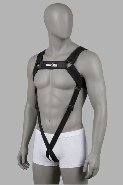 Outtox by Maskulo - Full Body Harness in black. Features stretch PU leather straps with sandwich technology, adjustable snap buttons, and visually slimming elastic front bands. Perfect for urban party-goers and clubwear.