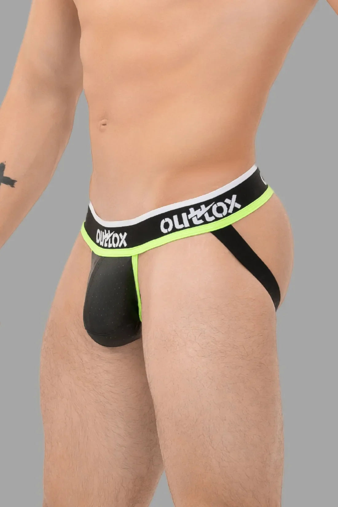 Outtox. Jock met snap-codpiece. Zwart+Groen &