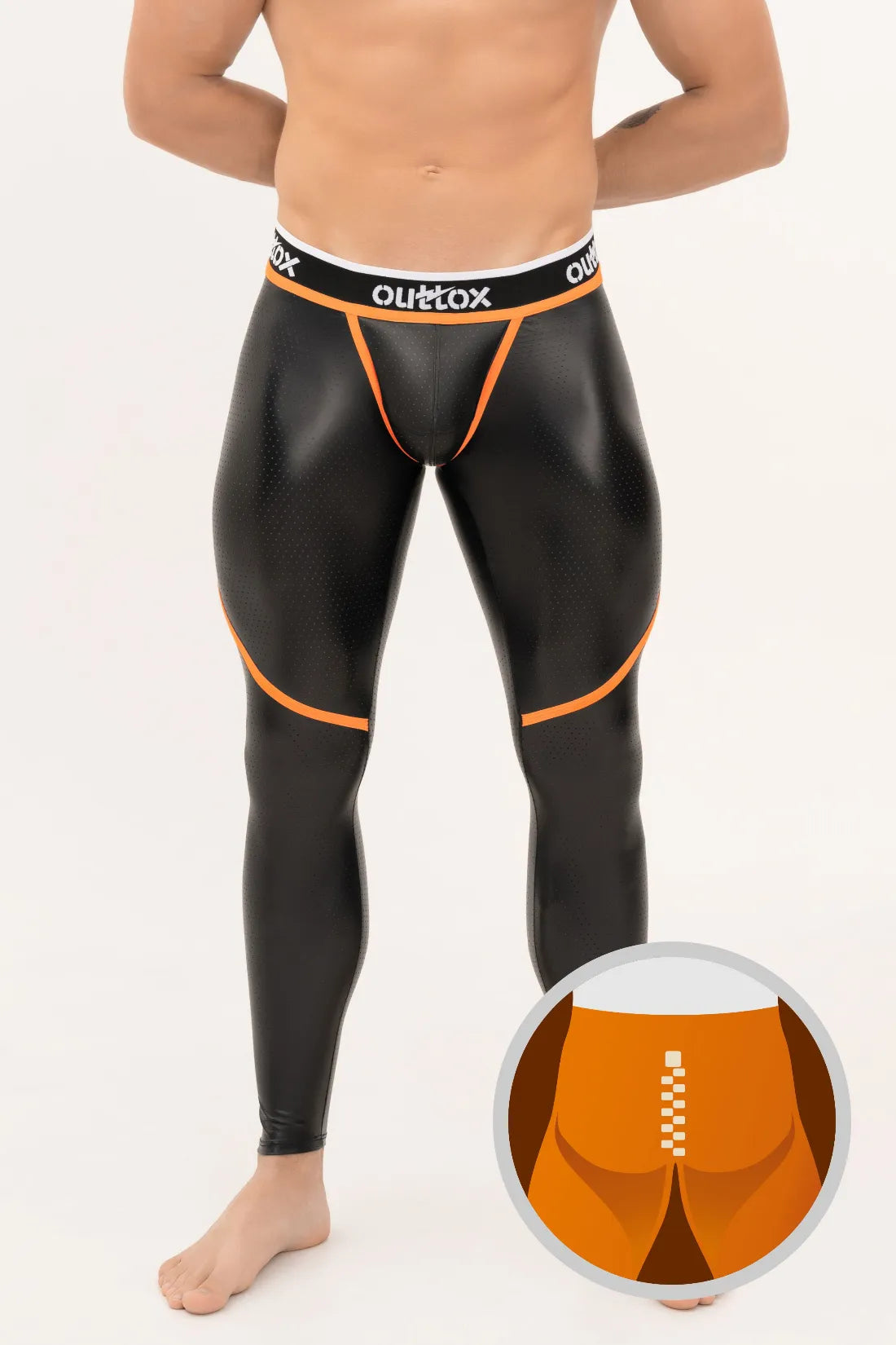 Outtox. Leggings mit Reißverschluss hinten und Druckknopf-Codpiece. Schwarz und Orange