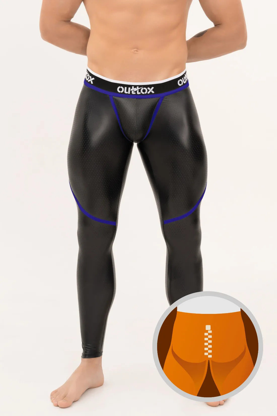 Outtox. Leggings mit Reißverschluss hinten und Druckknopf-Codpiece. Schwarz und Blau „Royal“