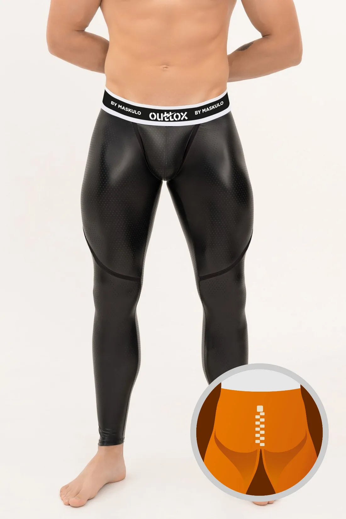 Outtox. Leggings mit Reißverschluss hinten und Druckknopf-Codpiece. Schwarz