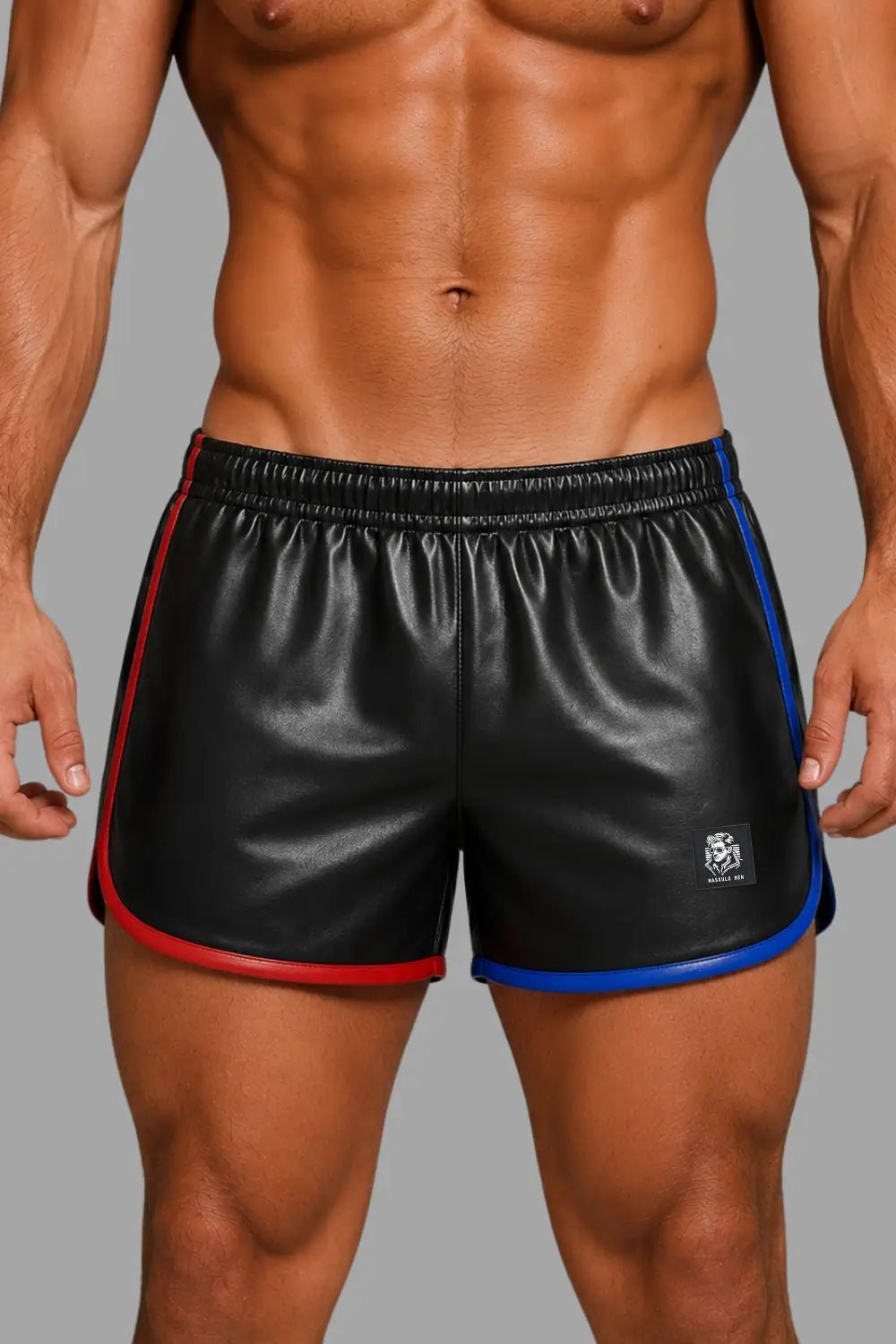 Luis Powern thick PU leather shorts. Black + Red + Blue - Maskulo - MSH275-Y1- Maskulo EU Global Online Store