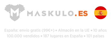 maskulo.es logo and text in Spanish about the 99 EUR threshold for free delivery, shipping from the EU stockroom and that for 10 years more than 100 thousand purchases were delivered to 187 towns and cities in Spain and 101 countries of the world