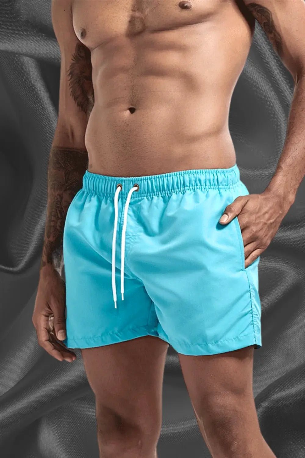 Maskulo Miles Cyclone soft-touch nylon/polyester shorts in Blue Sky with inner white mesh lining, free fit, and 3 pockets. MSH246 shorts.