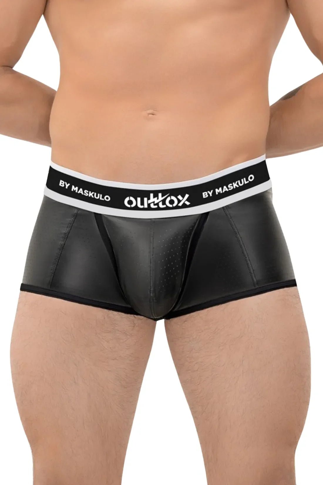 Outtox by Maskulo Open Rear Trunk Shorts with Snap Codpiece in Black, featuring perforated PU eco leather material and waistband logo.